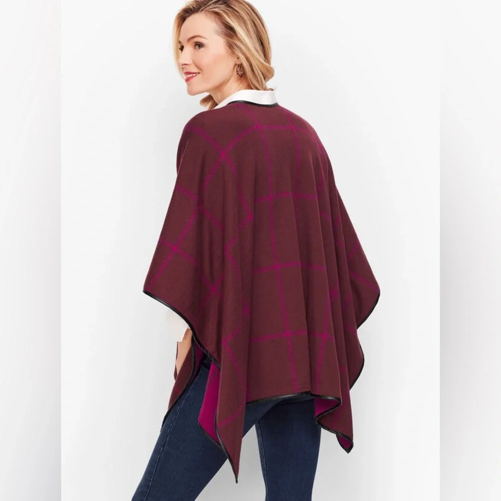 Talbots XS /‎ S Maroon Plaid Ruana Wrap Sweater - Picture 2 of 6